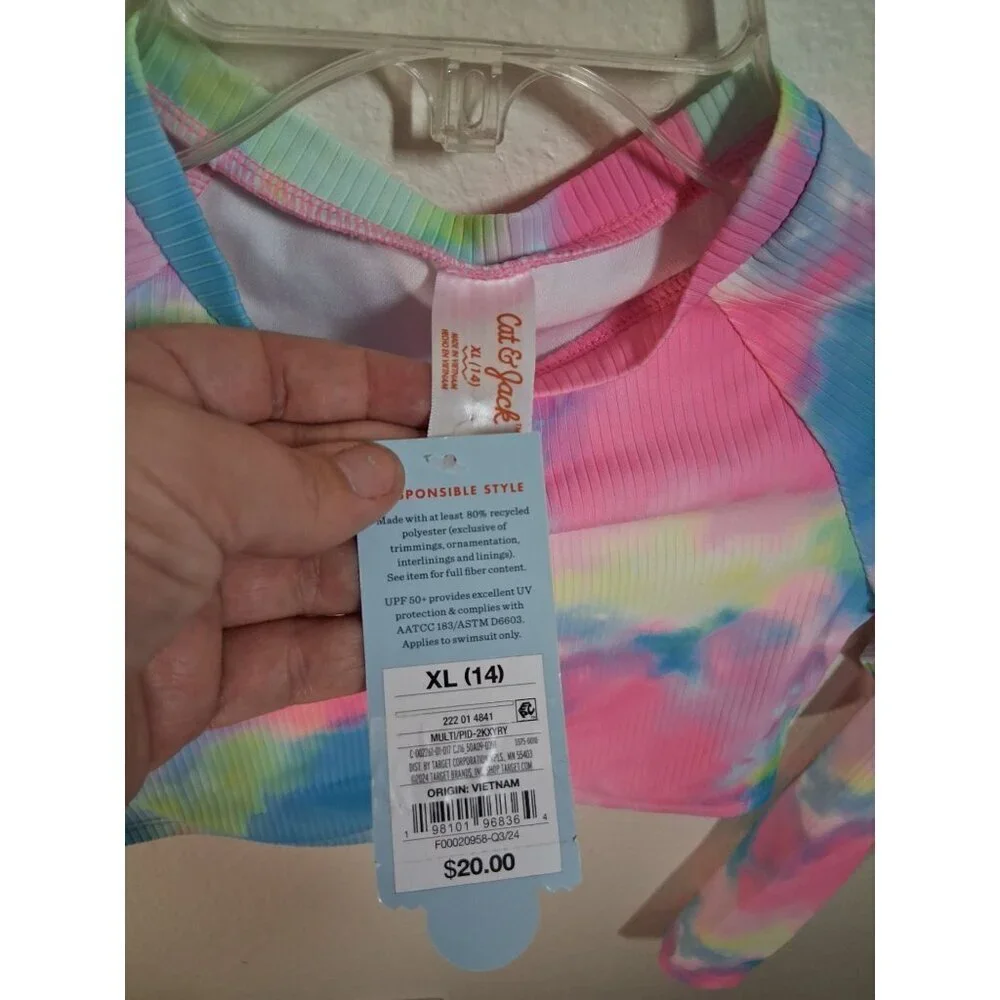 NWT Cat & Jack Swim Rash Guard Long Sleeve Summer Colorful Girls Size XL (14)